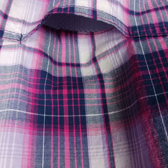 Dakini Plaid Boyfriend Shirt Womens Small Purple Stretch Hidden Pocket Vented - Picture 9 of 14